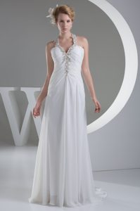 White Halter Top Ruched Wedding Dress with Appliques and Beading for Cheap