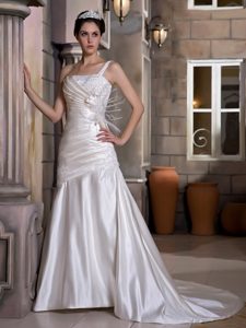 Modest One Shoulder Wedding Dress for Girls with Appliques and Ruching
