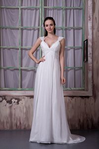 White Empire V-neck Chiffon Applique Wedding Bridal Dress on Sale