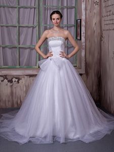 Simple Strapless Beaded Satin and Tulle Wedding Dress with Chapel Train