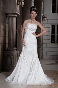 Discount Column Strapless Ruched and Beaded Wedding Bridal Dress on Sale