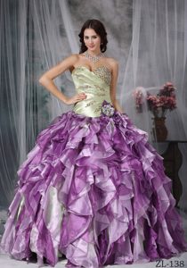 Colorful Dress for a Quince with Beading and Ruffles in Taffeta and Organza