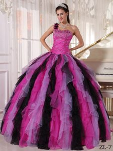 Attractive Multi-colored One Shoulder Beading Quince Gowns in Organza