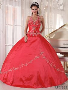 Gorgeous Red Halter Quinceanera Gown Dresses in Taffeta with Appliques