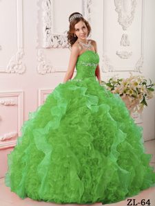 Dramatic Green Dresses for Quince in Organza with Appliques and Beading
