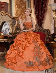 High End Orange Strapless Sweet Sixteen Dresses in Taffeta with Appliques