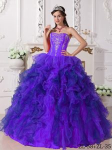 Ornate Purple Sweetheart Embroidery Quinces Dress in Satin and Organza