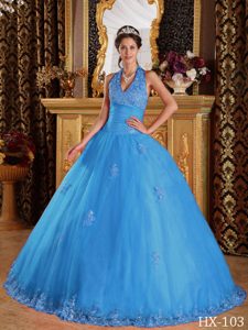 Dressy Halter Aqua Blue Quinceanera Gown with Appliques Made in Tulle