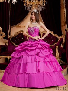Noble Sweetheart Long Taffeta Appliques Quince Dress in Hot Pink