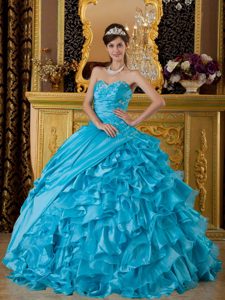 Modest Teal Sweetheart Long Taffeta and Organza Quinces Dresses
