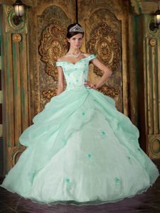 Apple Green Off The Shoulder Quince Dresses in Organza with Appliques