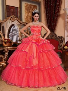 Top Coral Red Ball Gown Strapless Dresses Quince in Organza with Ruffles