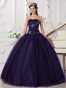 Sweet Dark Purple Sweetheart Dress for a Quince in Tulle with Rhinestone