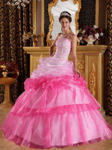 Fabulous Pink One Shoulder Quinceanera Gown in Organza with Appliques