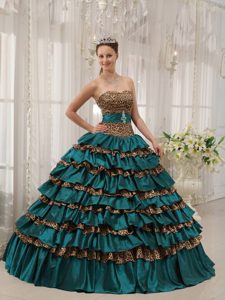 Recommended Turquoise Quince Dress in Taffeta and Leopard with Ruffles