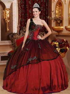 Special Burgundy One Shoulder Taffeta and Organza Quince Gown Dresses
