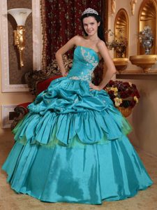 Beautiful Strapless Sweet Sixteen Dresses in Taffeta with Appliques in Teal