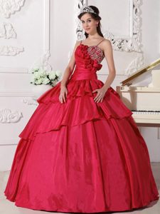 Fave Coral Red Taffeta Beading Quinceaneras Dress with Spaghetti Straps