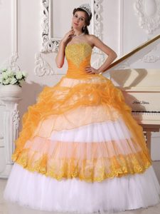 Strapless Taffeta and Organza Quinceaneras Dresses in Orange and White
