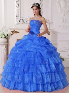 Wanted Blue Ball Gown Strapless Appliqued Dress for Quinces in Organza