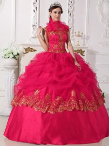 Popular Coral Red Quinceanera Dress in Taffeta with Beads and Appliques