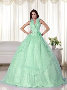 Tasty Apple Green Ball Gown Halter Beading Quinceanera Gown in Chiffon