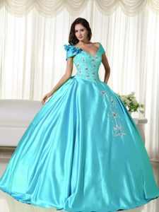 Voguish Baby Blue Off the Shoulder Taffeta Quince Dress with Embroidery