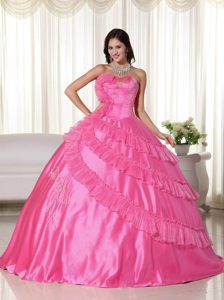 Urbane Hot Pink Ball Gown Strapless Embroidery Quinces Dress in Taffeta
