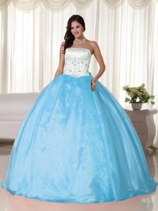 Up-to-date Aqua Blue and White Quinceaneras Dress in Organza