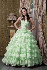 Poised Apple Green One Shoulder Quinceanera Dress with Ruffled Layers