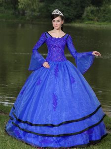 Attractive Blue V-neck Quinceanera Gown with Long Sleeves and Applique