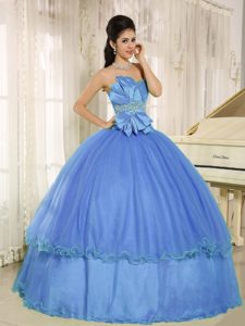 Gorgeous Beaded Bowknot Taffeta and Organza Quinceanera Dress in Blue