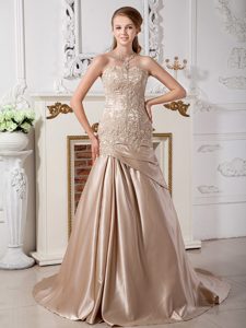 Champagne Mermaid Wedding Anniversary Dress in Satin with Appliques