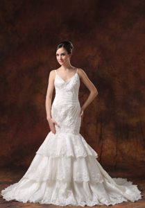 Spaghetti Straps Embroidery Mermaid Outdoor Wedding Dresses in Lace