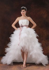 High-low Autumn Wedding Dress in Tulle with Hand Made Flowers and Belt