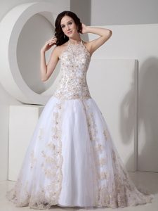 Exclusive Ball Gown Halter Top Church Wedding Dress in Lace