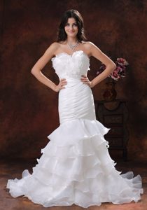 White Mermaid Strapless Organza Dress for Wedding with Ruffled Layers