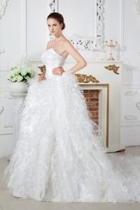Cheap Ruched and Beaded Outdoor Wedding Dress in Satin and Feather