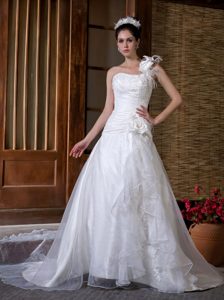 Chapel Train Taffeta and Organza Unique Wedding Outfits with One Shoulder