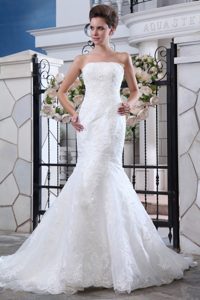 Beautiful Strapless Court Train Mermaid Wedding Dress with Lace and Belt