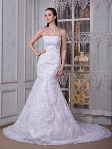 Mermaid Strapless Court Train Luxurious Wedding Dress in Taffeta and Lace