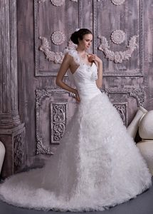 Princess One Shoulder Beaded Court Train Luxurious Wedding Attire in Tulle