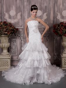 Lovely Mermaid Strapless Court Train Organza Wedding Dress with Ruching