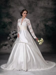 Cute V-neck Court Train Satin Informal Wedding Dresses in White