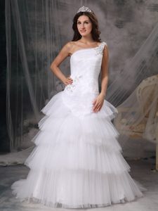 One Shoulder Tulle Wedding Dress with Beading for Wholesale Price