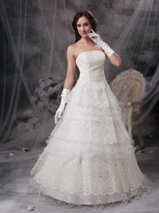White Strapless Nice Taffeta and Lace Wedding Dress in Long
