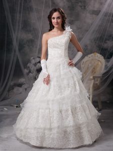 Pretty One Shoulder Long Wedding Dress in Taffeta and Lace