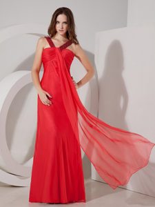 Attractive Red Empire V-neck Chiffon Maxi Dress with Beading Decorated on Sale