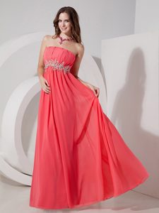 Watermelon Red Empire Strapless Chiffon Maxi Dresses with Beading Appliques