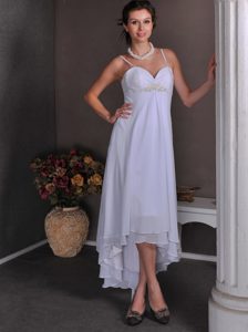 White Empire High-low Chiffon Maxi Dresses with Spaghetti Straps and Beading